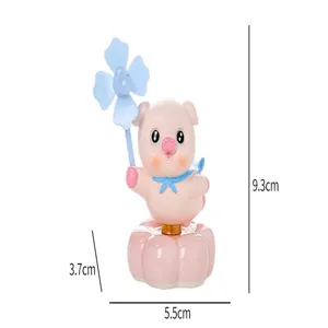 Cute pink pig windmill ornament detail view, showing product dimensions and creative desktop design.