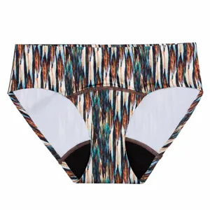 Vista dettagliata slip bikini stampati da donna, motivo foglia colorata, elasticizzato.