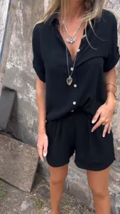Casual σετ από βαμβάκι και λινό πουκάμισο κοντομάνικο και σορτς για γυναίκες καλοκαίρι