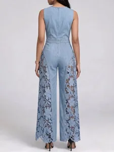 Light blue sleeveless denim jumpsuit featuring stylish floral lace side cutouts for a chic look.