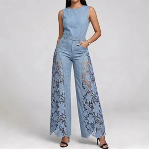 Women's Casual Sleeveless Crew Neck Hollow Lace Splicing Denim Wide Leg Long Jumpsuit Fashion Streetwear Outfits