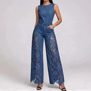 Women's sleeveless denim jumpsuit featuring stylish lace cutout wide leg pants for casual wear.