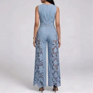 Light blue sleeveless denim jumpsuit featuring stylish hollow lace side panels and a chic round neck.