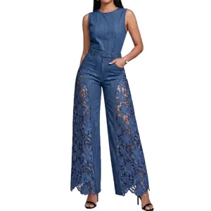 Women Denim Jumpsuit Sleeveless Hollow Out Lace Wide Leg Casual Denim Romper Chic