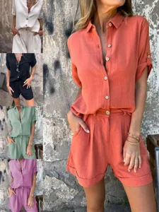 Γυναικείο Casual Set Top και Παντελόνι από Βαμβάκι Λινό Μονόχρωμο Πέτο Μισό Μανίκι Καλοκαίρι