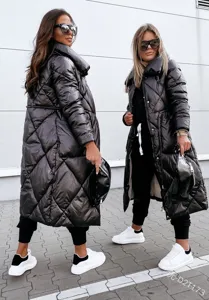 Women's shiny quilted long puffer coat with oversized collar and belt for winter street style.