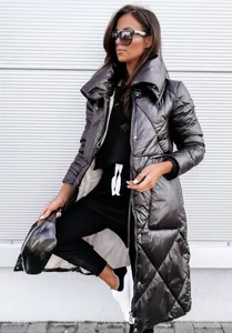 Black glossy long quilted puffer jacket for women winter warm zipper coat outfit