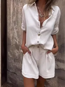 Γυναικείο κομψό σετ βαμβακερό λινό casual πουκάμισο κοντό μανίκι και σορτς καλοκαίρι