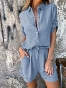 Γυναικείο casual βαμβακερό λινό σετ πουκάμισο κοντό μανίκι και σορτς καλοκαίρι