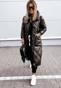 Detailed view of women's black long quilted puffer coat with secure zip closure.