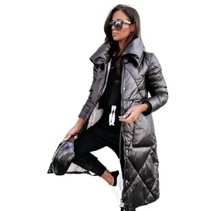 Women's long shiny black quilted puffer jacket with lapel collar, front zipper, winter warmth.