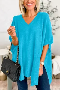 Γυναικείο Πόντσο Πουλόβερ V-Neck Χαλαρό Πλεκτό Casual Μανίκι Νυχτερίδα Μπλε Ρουα