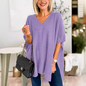 Γυναικείο Πόντσο Πλεκτό V-Neck Μωβ Casual Φθινοπωρινό Top Μόδας Στυλάτο Κομψό