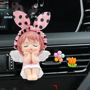 Cute cartoon angel girl car air vent clip, lovely bunny ears pink resin ornament for auto interior.