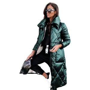 Women long glossy puffer jacket with lapel collar, stylish winter warm zipper down coat outerwear.
