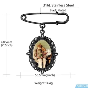 Vintage roestvrijstalen broche hanger met fotoblad, zwart verguld 68,5x50,5mm maatinformatie