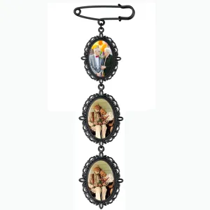 Vintage zwarte metalen broche met drie ovale fotolijst hangers voor aangepaste herinnering.
