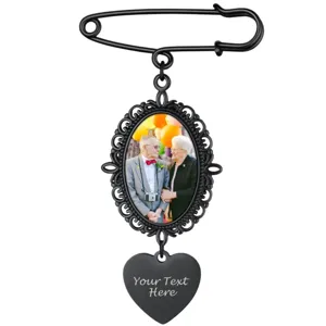 Vintage zwarte legering gedenkfoto broche speld met aangepaste gegraveerde hart hanger main.