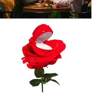 Flocked red rose ring box with stem for romantic proposal jewelry gift box container