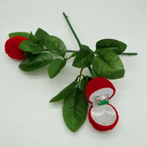 Flocked Rose Flower Ring Box Long Stem Rose Jewelry Gift Box For Proposal Wedding Anniversary Valentine Day Red