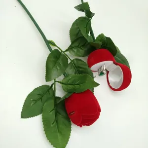 Flocked rose ring box with green stem, romantic jewelry gift box for holiday anniversary.