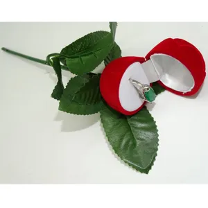 Red rose ring box with stem leaves velvet jewelry gift box for anniversary wedding.