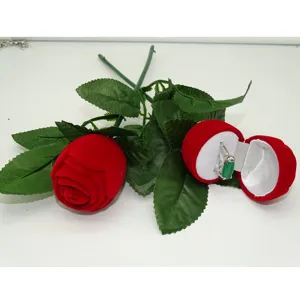 Red flocked rose ring box with green stem and leaves, romantic jewelry gift box for proposal.