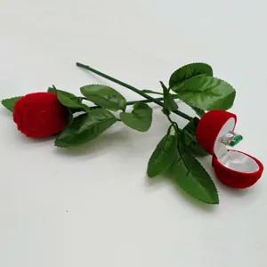 Flocked rose ring box with green stem, romantic gift packaging for jewelry, ring and ear studs.