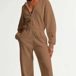 2024 Nieuwe Casual Effen Kleur Capuchon Rits Jumpsuit Dames Lange Mouw Sweatshirt