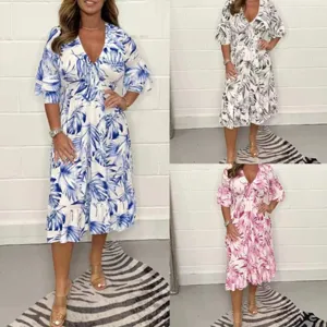 Robe Femme Decontractee Col V Manches Longues Elegante Imprime Floral Botanique Taille Haute Robe Longue Evasee Quotidien