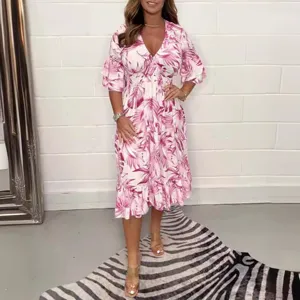 Femme ete imprimé floral col V manches longues robe midi decontractée plage vetement