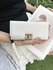 White PU leather long wallet with gold clasp and wristlet strap, stylish and functional purse.