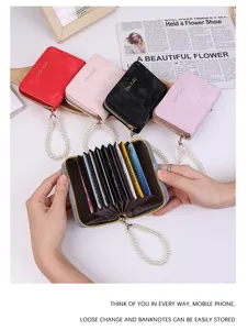 Porte-cartes en velours pour femmes sac a monnaie avec pendentif perle fermeture eclair