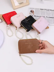 Porte-cartes en Cuir PU Daim pour Femmes Avec Pendentif en Perle Porte-monnaie Accordéon Multi-emplacements à Fermeture Éclair