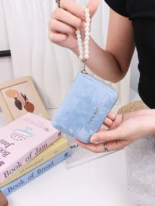 Portefeuille porte-cartes en velours pour femmes avec bracelet perles mignon porte-monnaie mini