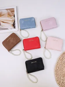 Portefeuille zippé en velours pour femme porte-cartes avec lanière perle style multicolore