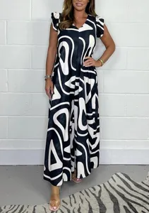 Donna Estate Nero Bianco Stampa Astratta Maniche Volant Gamba Larga Tuta Elegante Chic