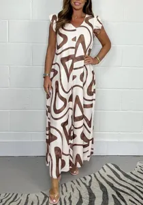 Elegante Donna Estate Scollo V Maniche Volant Stampa Astratta Gamba Larga Tuta