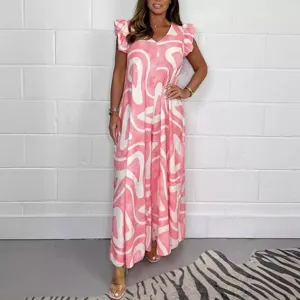 Donna estate rosa stampato scollo V maniche a volant gamba larga tuta casual lunga