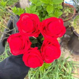 Flocked red rose ring box with stem, romantic proposal jewelry gift box for earrings and rings detail.