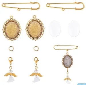 DIY photo locket brooch making kit with safety pins, oval bezel trays and angel wing charms.