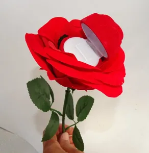 Red rose ring box with stem for proposal. Velvet jewelry gift box holder for rings and earrings.