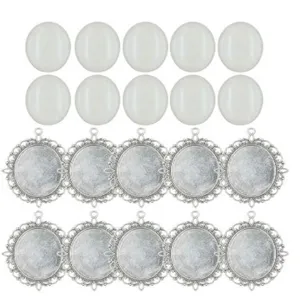 Set vassoio cabochon ovale fai da te con pietre bianche e basi pendenti in argento vintage.
