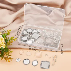 DIY photo pendant brooch making kit detail showing metal trays, glass cabochons and storage box.