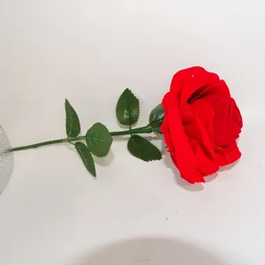 Flocked rose ring box with stem and green leaves proposal jewelry gift box detail