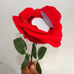 Flocked Rose Flower Ring Box Artificial Rose Ring Storage Case For Proposal Wedding Valentine's Day Jewelry Gift