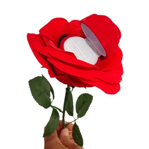 Flocked rose flower ring box with stem for proposal engagement wedding jewelry gift presentation