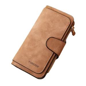Portefeuille long femme élégant cuir PU mat trois volets fermeture éclair mode fourre-tout