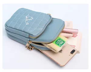 Small quilted crossbody cell phone bag for women, PU leather multi-pocket shoulder purse wallet.