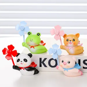 Cute Cartoon Resin Animal Ornament with Rotating Windmill Desktop Figurine Pig Panda Shiba Inu for Home Office Decor
